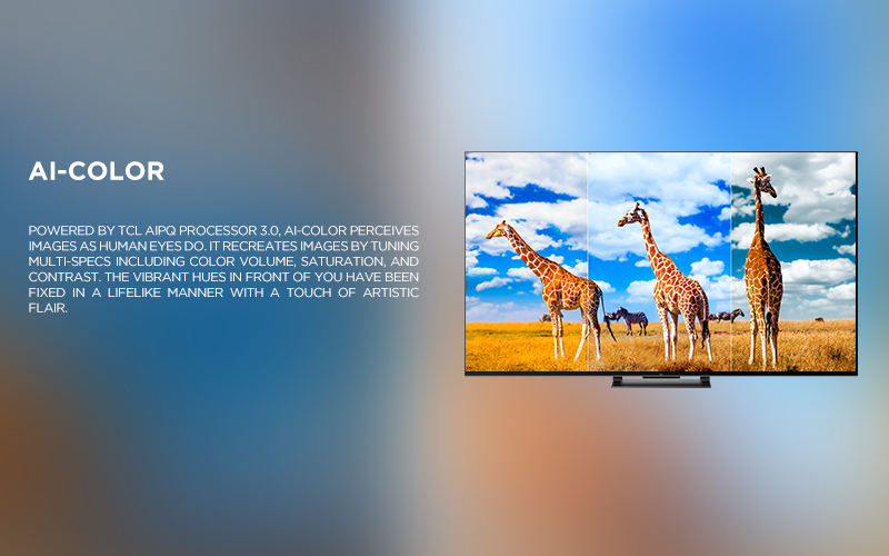 Ai-COlor - Powered by TCL AiPQ Processor 3.0, Ai-Color perceives images as human eyes do. It recreates images by tuning multi-specs including color volume, saturation, and contrast. The vibrant hues in front of you have been fixed in a lifelike manner with a touch of artistic flair.
